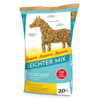 20 kg Sack Josera Leichter Mix Pferdefutter, mit einer Pferdesilhouette aus Müsli, die niedrigen Zucker, Protein und Vorteile für leichte Arbeit hervorhebt.