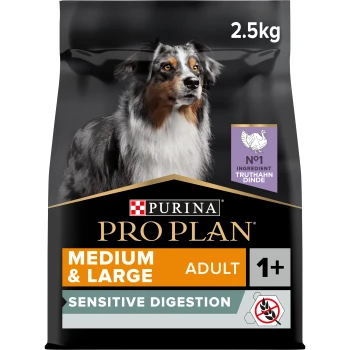 Adult Medium & Large Sensitive Digestion getreidefrei 2.5 kg Purina Pro Plan 2,5 kg Hundefutterbeutel für mittelgroße/große Hunde, gekennzeichnet mit "Sensitive Digestion" und Truthahn als Hauptzutat.