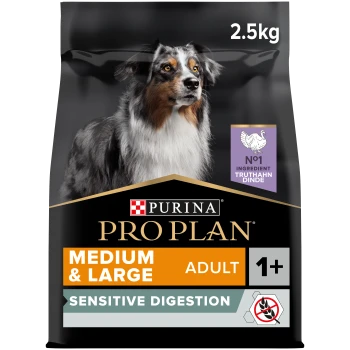 Purina Pro Plan 2,5 kg Hundefutterbeutel für mittelgroße/große Hunde, gekennzeichnet mit "Sensitive Digestion" und Truthahn als Hauptzutat.