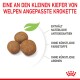 Welpenfutter-Kroketten in verschiedenen Größen mit Hinweisen zur Kieferanpassung, Antioxidantien, ohne Farbstoffe und Aromen.