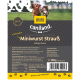Hundesnackverpackung für "Caniland Miniwurst Strauß," mit zwei verspielten Hunden. Getreidefrei, 90% Fleisch, 20% Strauß. Fütterungshinweise enthalten.