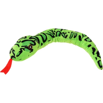 Grünes Plüschschlangenspielzeug mit schwarzen Markierungen und einer roten Zunge, entworfen für Haustiere zum Spielen.