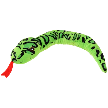 Green plush snake toy with black markings and a red tongue, designed for pets to play with.