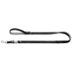 Schwarze Hundeleine mit gepolstertem Griff, Metallclip und reflektierenden Nähten für Sicherheit.