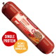 Fleischeslust Futterbox – Holzkiste mit Hundefoto, dem Text „Natürlich & Artgerecht“ und einer roten Rolle mit der Beschriftung „Zartes Rind (Tender Beef)“.
