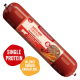 Fleischeslust Futterbox – Holzkiste mit Hundefoto, dem Text „Natürlich & Artgerecht“ und einer roten Rolle mit der Beschriftung „Zartes Rind (Tender Beef)“.
