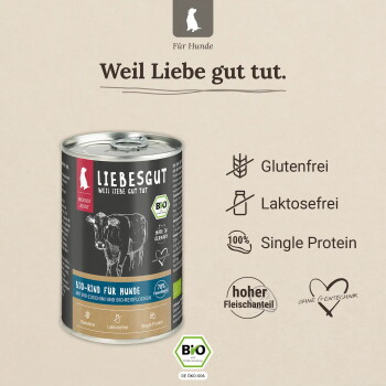 Dose biologisches Hundefutter von Liebesgut (Bio-Rind) mit dem Slogan 'Weil Liebe gut tut.' und Symbolen: Glutenfrei, Laktosefrei, Single Protein.