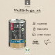 Dose biologisches Hundefutter von Liebesgut (Bio-Rind) mit dem Slogan 'Weil Liebe gut tut.' und Symbolen: Glutenfrei, Laktosefrei, Single Protein.