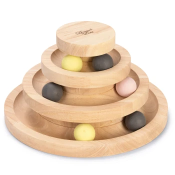 Holz-Haustierpuzzle-Spielzeug mit vier kreisförmigen Schichten und bunten Bällen (gelb, pink, schwarz), entworfen für interaktives Spielen.