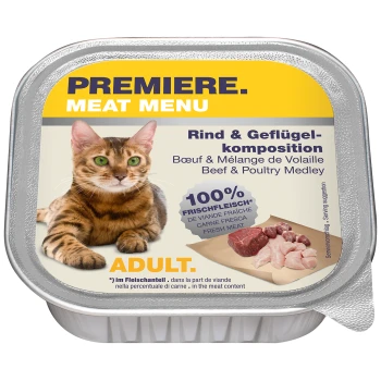 Un paquet de nourriture pour chats présentant un chat Bengal aux yeux verts, étiqueté 'Premiere Meat Menu' avec 'Mélange de bœuf et de volaille,' et '100% Fresh Meat.'