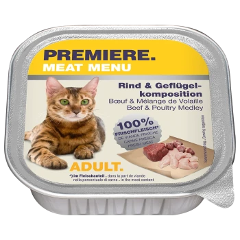 Eine Katzenfutterverpackung mit einer Bengal-Katze mit grünen Augen, beschriftet mit 'Premiere Meat Menu' mit 'Rind & Geflügel-Mischung' und '100% Frisches Fleisch.'
