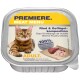 Eine Katzenfutterverpackung mit einer Bengal-Katze mit grünen Augen, beschriftet mit 'Premiere Meat Menu' mit 'Rind & Geflügel-Mischung' und '100% Frisches Fleisch.'