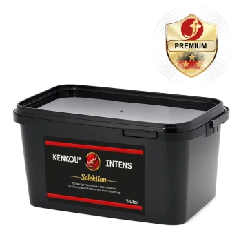 Schwarzer rechteckiger 5L-Kunststoffbehälter mit Deckel, beschriftet 'KENKOU INTENS Selektion' und goldenem 'PREMIUM'-Schild