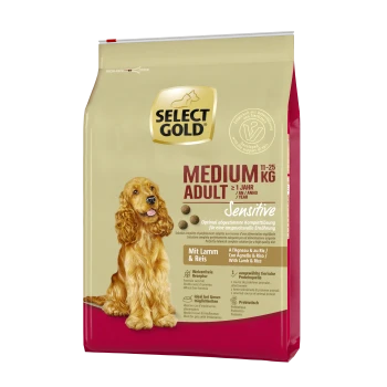 Select Gold Medium Adult Hundefutterbeutel, 11-25 kg, mit der Aufschrift 'Sensitive' und Zutaten aus Lamm und Reis, mit einer Hundesilhouette.