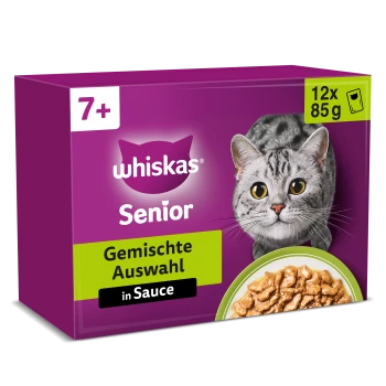 Whiskas Senior (7+) Katzenfutter-Box mit grau getigerter Katze und Schale Nassfutter; Aufschriften: 'Gemischte Auswahl in Sauce' und '12x 85 g'.