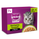 Whiskas Senior (7+) Katzenfutter-Box mit grau getigerter Katze und Schale Nassfutter; Aufschriften: 'Gemischte Auswahl in Sauce' und '12x 85 g'.