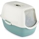 Katzenstreu-Box mit einem weißen Deckel und einer türkisfarbenen Basis, mit einer transparenten Tür im Katzenkopfdesign.