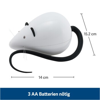 Eine weiße Spielzeugmaus mit einem schwarzen Schwanz, 15,2 cm lang und 14 cm breit, beschriftet mit "3 AA Batterien nötig."