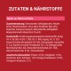 Verpackung für Haustierfutter mit rotem Hintergrund, betitelt 'ZUTATEN & NÄHRSTOFFE', hebt hohen Proteingehalt und essentielle Vitamine und Mineralien hervor.