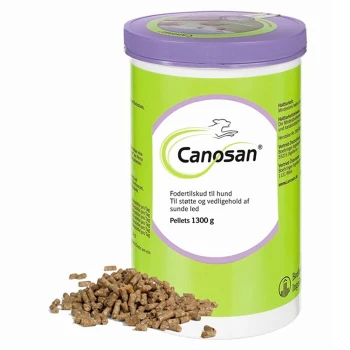 Canosan Hundefutterergänzungsmittelbehälter mit grün-weißer Etikettierung, 1300 g Pellets, die auf der Oberfläche verstreut sind, zur Förderung gesunder Gelenke.