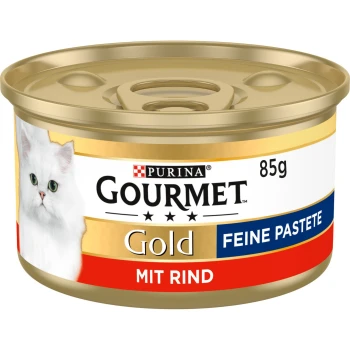 Dose mit Purina Gourmet Gold Katzenfutter, 85g, mit einer weißen Katze auf dem Etikett, beschriftet "Feine Pastete mit Rind".