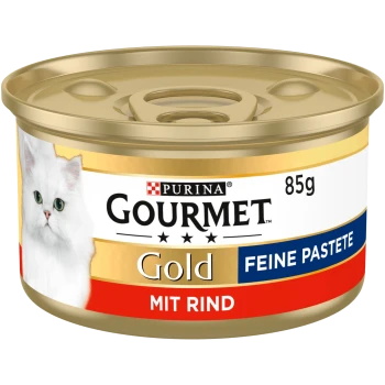 Dose mit Purina Gourmet Gold Katzenfutter, 85g, mit einer weißen Katze auf dem Etikett, beschriftet "Feine Pastete mit Rind".