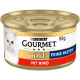 Boîte de nourriture pour chats Purina Gourmet Gold, 85g, présentant un chat blanc sur l'étiquette, étiquetée "Feine Pastete mit Rind" (fine pâté avec du bœuf).