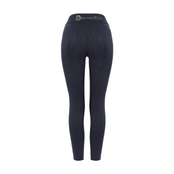 Marineblaue Reitleggings mit hohem Bund, die ein dezentes Cavallo-Logo und ein gemustertes Grip auf der Rückseite zeigen.