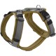 Ein strapazierfähiges Hundegeschirr mit einem grauen und tanfarbenen Farbschema, verstellbaren Riemen und einem Metall-D-Ring zur Leinenbefestigung.