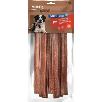 MultiFit Native beef chew sticks pack for adult dogs showing a black-and-white dog and text "Snacks Adult 1+ Chew Stick Beef"
