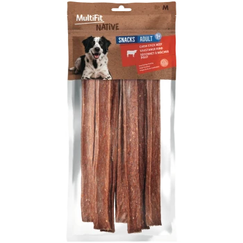 MultiFit Native beef chew sticks pack for adult dogs showing a black-and-white dog and text "Snacks Adult 1+ Chew Stick Beef"