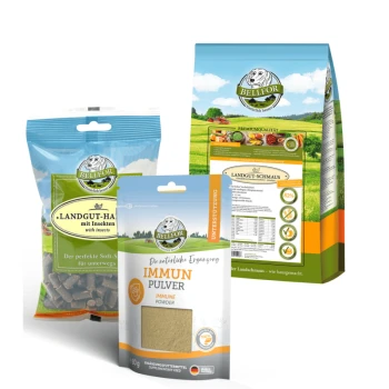 Purinarm Set - Naturgut-Schmaus 4 kg + Immun Pulver 80g + Landgut-Happen 200g Drei BELIFOR Hundefutterprodukte: "Landgut-Hund mit Insekten" Hundeleckerlis, "Immuns Pulver" Immunpulver und "Landgut-Schmaus" Premium Hundefutter.