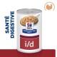 Alimentation en conserve Hill's Prescription Diet i/d pour chiens, présentant une cuillerée de nourriture molle et brune, étiquetée "Santé Digestive."