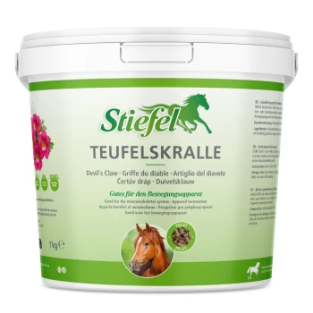 Weißer Eimer mit der Aufschrift "Stiefel Teufels-Kralle Devil's Claw Pellets" mit einem Pferdebild und Text über die Vorteile für das Bewegungsapparat.