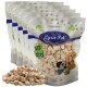 Fünf Beutel Lyra Pet gefriergetrockneter Hundesnacks und ein Haufen beiger Würfel; Beschriftungen: ‚Lyra Pet‘ und ‚Lyra Nature Power‘.
