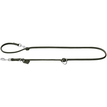 Eine grüne Hundeleine mit einem Schlaufenhandgriff und einem Metallclip zur Befestigung, mit einem gleitenden Ring für die verstellbare Länge.