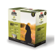 Emballage de nourriture pour chats ACANA Premium Paté présentant la silhouette d'un chat contre un coucher de soleil, étiqueté "Lamb" avec "85% d'ingrédients animaux de qualité."