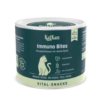 KatKare Immuno Bites Katzensnacks mit Antioxidantien, Superfood sowie Prä- und Postbiotika, beschriftet mit „Lachs Monoprotein“ und „Vital-Snacks“.