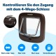PetSafe 4-Wege Haustiertür mit braunem Rahmen und deutschen Anweisungen für Zugangsmöglichkeiten: "Rein oder raus," "Nur rein," "Nur raus," "Verschlossen."