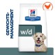 Hill's Prescription Diet w/d Hundefutterbeutel, mit dem Text "Gewichtsmanagement" auf der linken Seite und einem orangefarbenen Hühnersymbol.