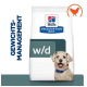 Hill's Prescription Diet w/d Hundefutterbeutel, mit dem Text "Gewichtsmanagement" auf der linken Seite und einem orangefarbenen Hühnersymbol.