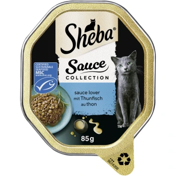Sheba Sauce Collection Katzenfutter, 85g, mit einer grauen Katze und einer Schüssel Thunfisch in Sauce, mit dem Text "sauce lover mit Thunfisch."
