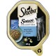 Karma dla kotów Sheba Sauce Collection, 85g, z szarym kotem i miską tuńczyka w sosie, z tekstem "sauce lover mit Thunfisch".