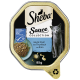 Sheba Sauce Collection Katzenfutter, 85g, mit einer grauen Katze und einer Schüssel Thunfisch in Sauce, mit dem Text "sauce lover mit Thunfisch."