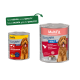 Twee MultiFit-blikken (oud & nieuw) 'Favourites ADULT 1+ Rund met kippenharten' met hondenafbeelding en 'Nieuw ontwerp, dezelfde kwaliteit'.