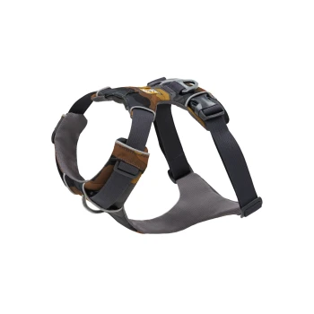 Ein strapazierfähiges Hundegeschirr im Camouflage-Design, mit verstellbaren Riemen und einem Metall-D-Ring zur Leinenbefestigung.