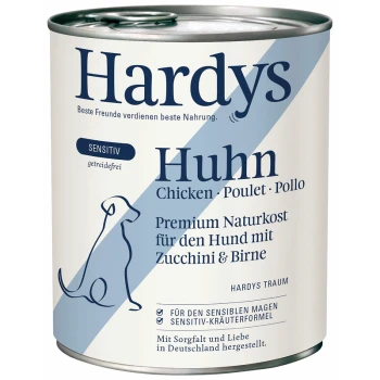 Dosenfutter für Hunde mit der Aufschrift "Hardys Huhn", das Huhn, Zucchini und Birne enthält. Der Text hebt die Sensitivitätsformel und die Getreidefreiheit hervor.