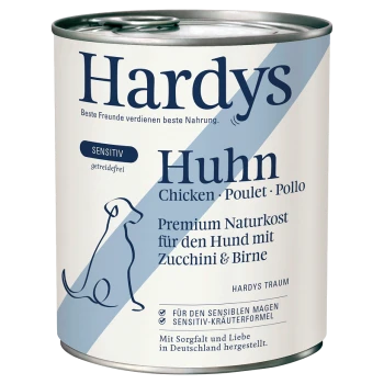 Karma dla psów w puszce oznaczona "Hardys Huhn" z kurczakiem, cukinią i gruszką. Tekst podkreśla formułę wrażliwości i brak zbóż.