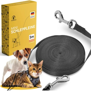 Schleppleine Katze und kleine Hunde L Schwarze 5m ausziehbare Leine für Haustiere, mit einer Verpackungsbox, die eine Katzenillustration zeigt, beschriftet mit "Mini Schleppleine."