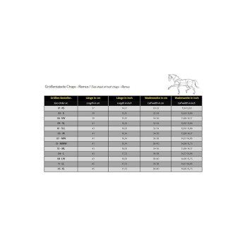 Größentabelle für Remus Halbschäfte, die Größen XS bis XL mit Maßen in cm und Zoll für Länge und Wadenbreite detailliert.